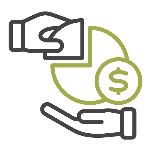 Icon with two hands splitting up a circle with a dollar sign
