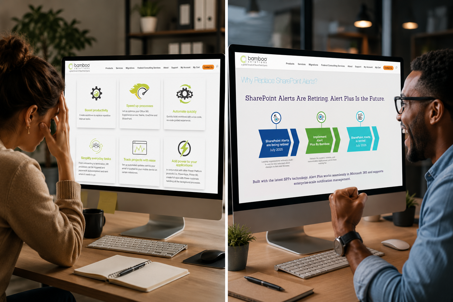 Power Automate vs Alert Plus for SharePoint Alerts IT professionals comparing Power Automate and Bamboo Alert Plus for replacing SharePoint Alerts, showing the frustration of managing Power Automate permissions and the ease of using Alert Plus.