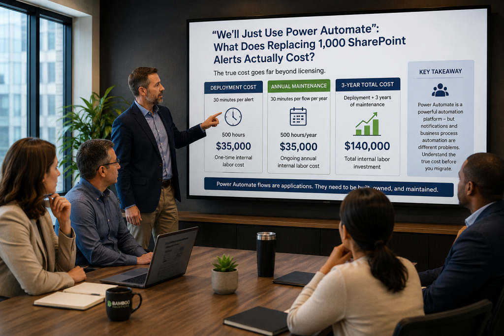 Power Automate vs SharePoint Alerts: The True Cost of Enterprise Notifications Comparison of Power Automate and SharePoint Alerts replacement costs for managing enterprise notifications.