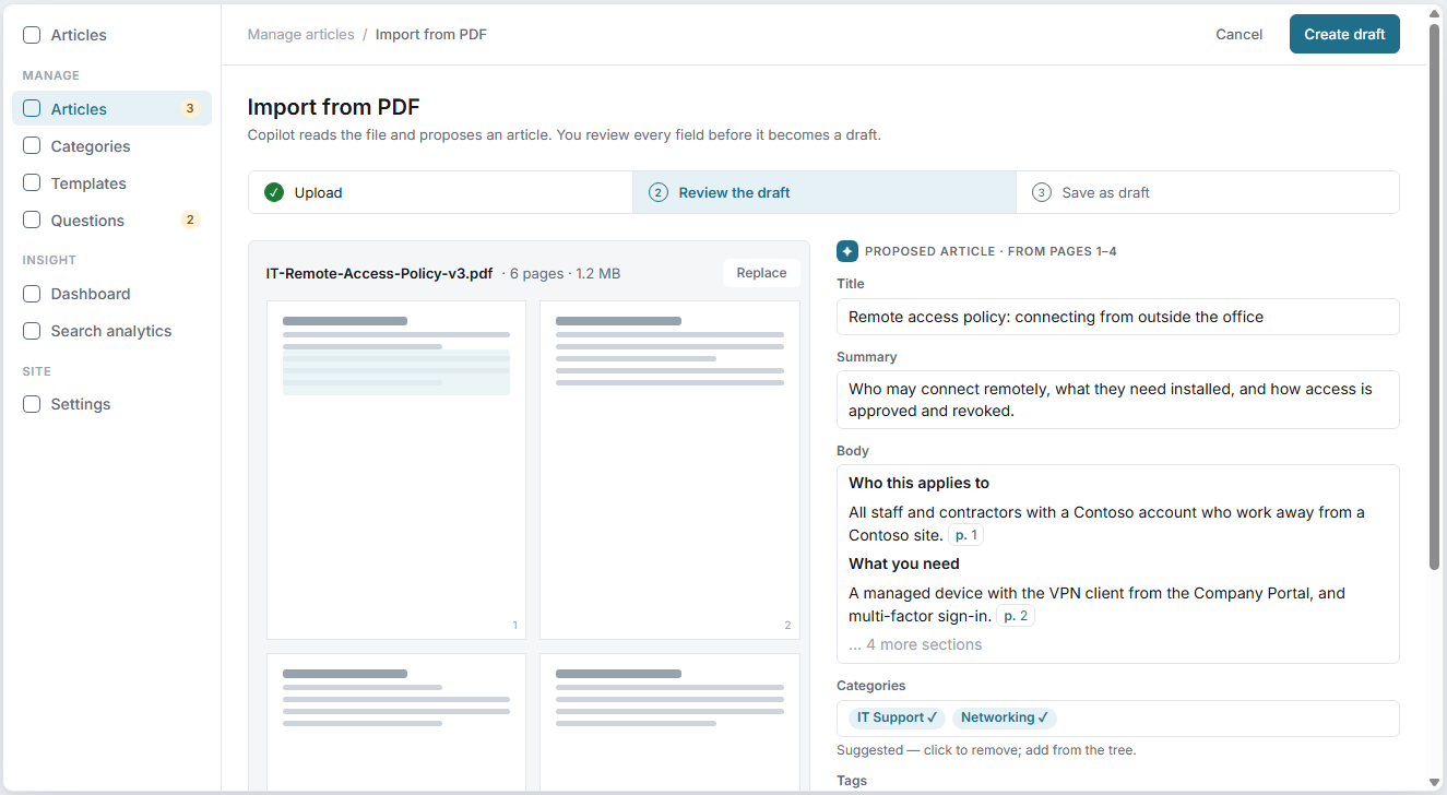 SharePoint Knowledge Base AI-Assisted PDF Import SharePoint Knowledge Base interface showing a PDF upload converted into a proposed knowledge article with title, summary, body, categories, and tags.