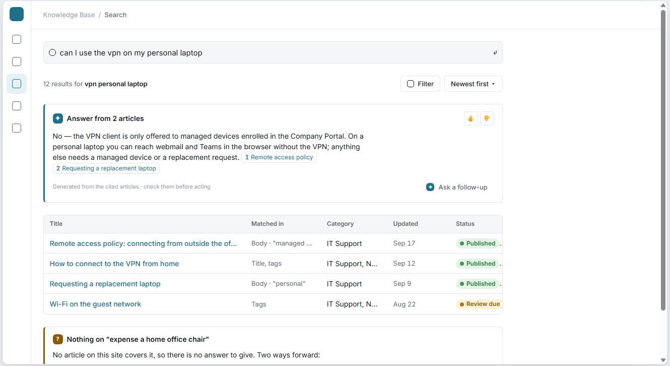 SharePoint Knowledge Base AI Search with Consolidated Answers SharePoint Knowledge Base search showing a natural-language question, an AI-generated answer from multiple articles, and supporting search results.