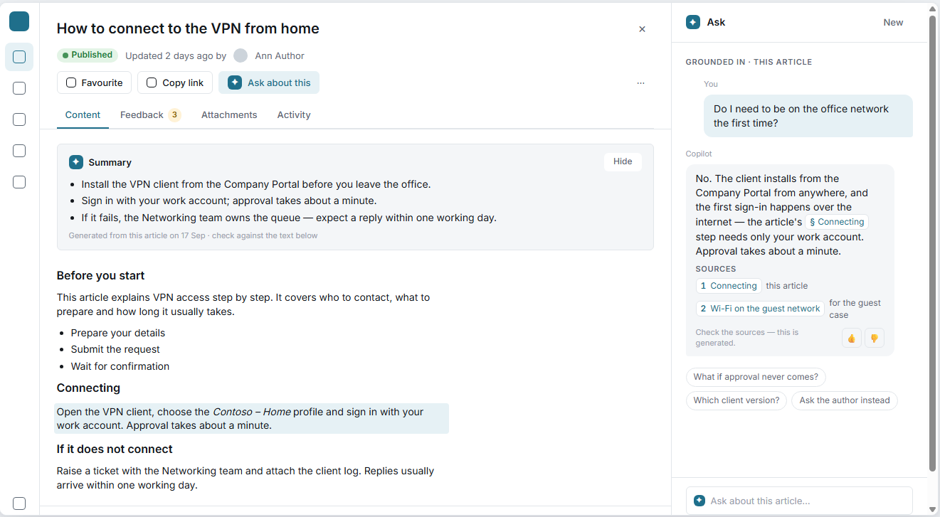 SharePoint Knowledge Base AI Ask with Source References SharePoint Knowledge Base article showing the AI-assisted Ask panel answering a VPN question with cited source references.